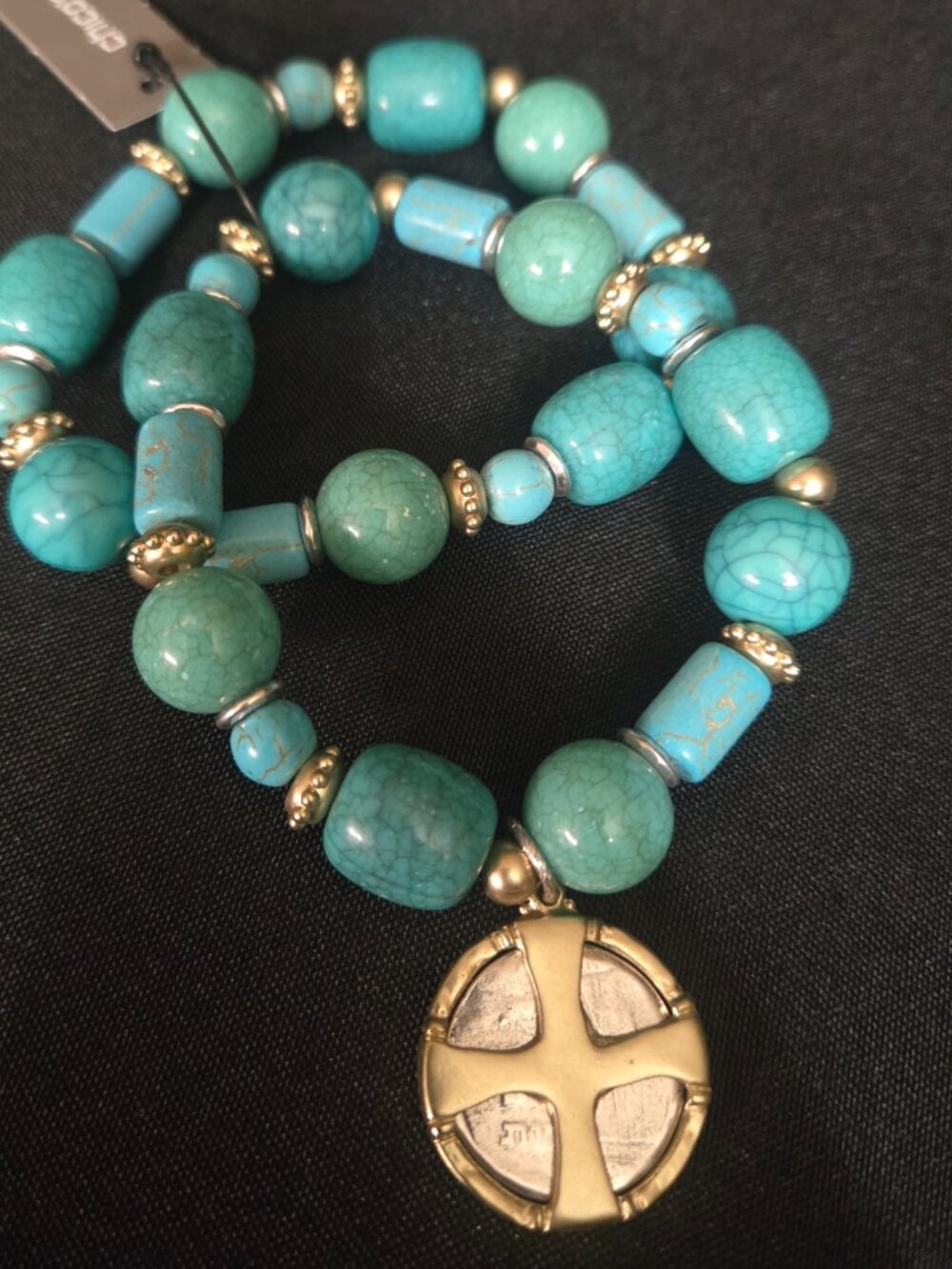 NWT Chico's Double Strand Turquoise Stretch Bracelet Reversible Charm - Picture 3 of 5